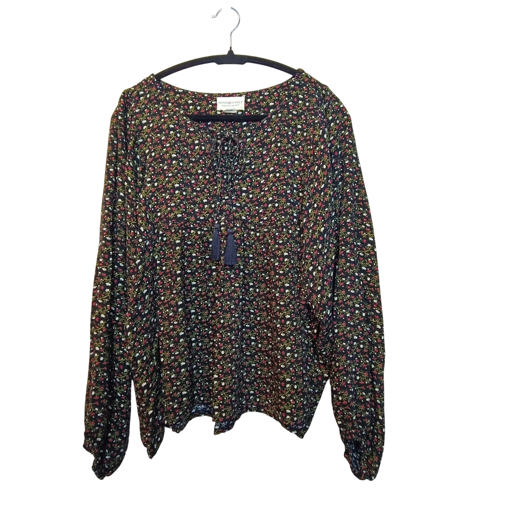 Denim & Supply Ralph Lauren Boho Black Dainty Floral Print Blouse Top Size L